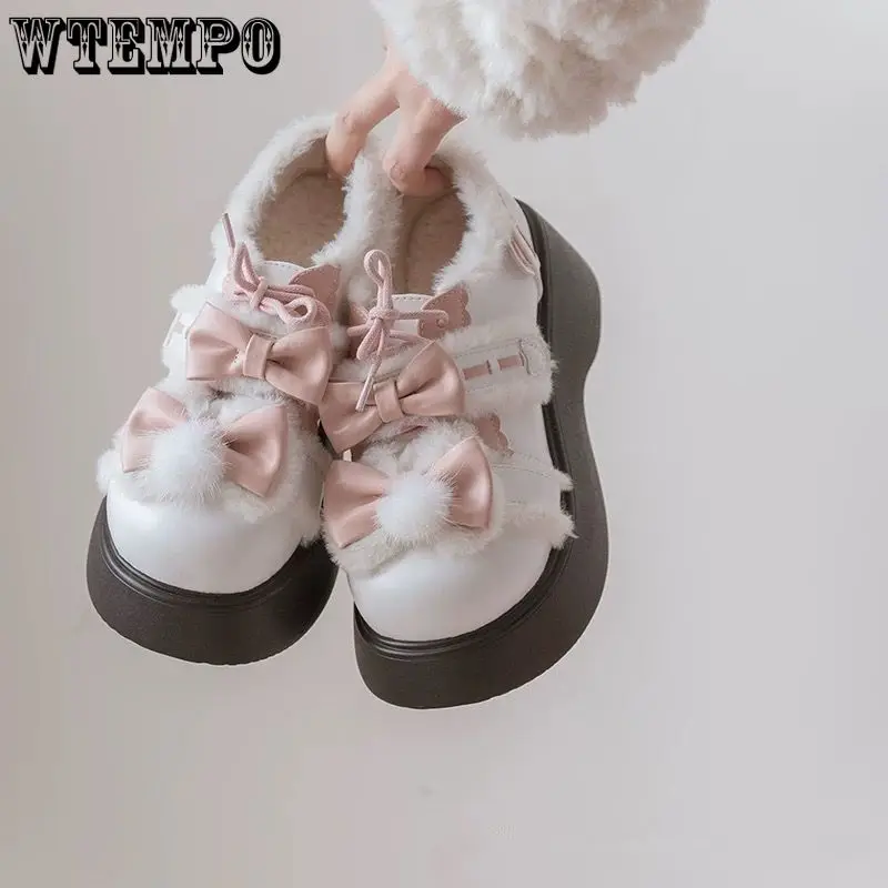 

WTEMPO Winter Lolita Shoes Female Fur Shoes Fleece Lined PU Shoes Student Jk Japanese Style Girl Cute Lolita Fake Leather Shoes