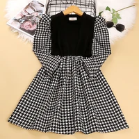 2022 new girls dresses knitted stitching long sleeved plaid princess dress childrens clothing wholesale dress for girls