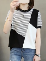 knitted short sleeves women t shirt contrast color top t shirts 2022 summer striped tshirt loose casual clothes tee shirt femme