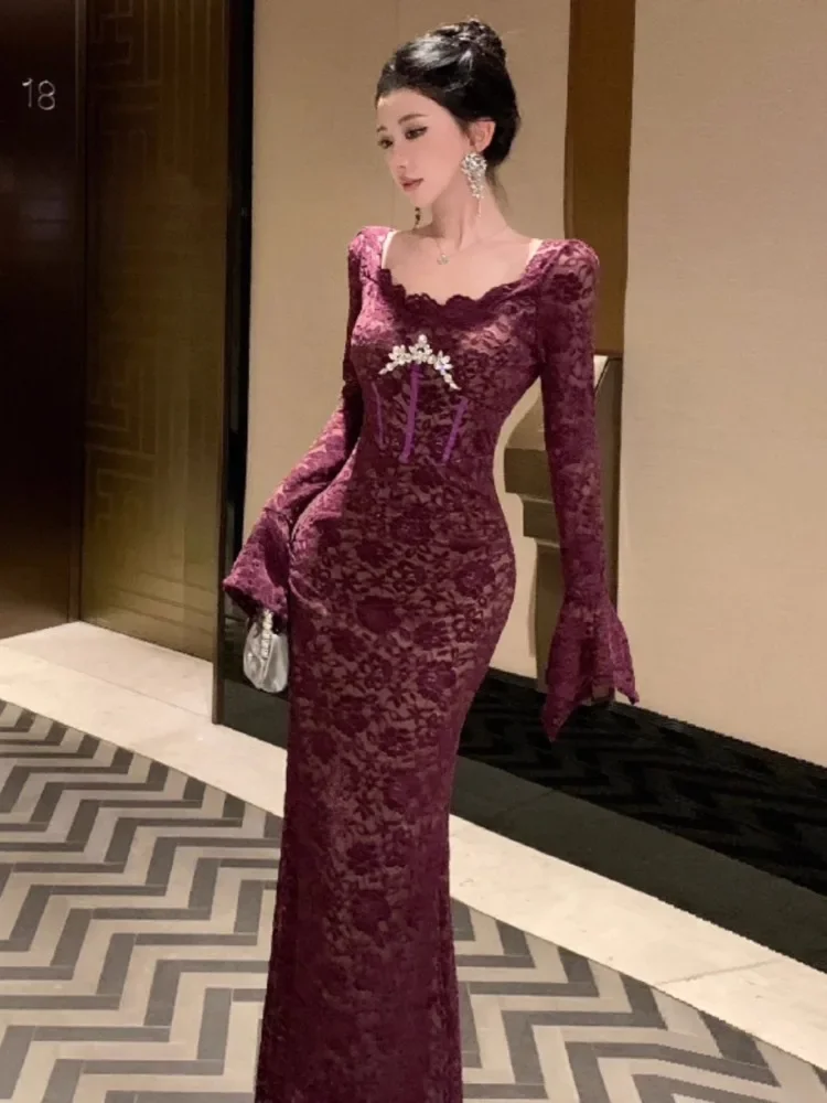 Платье-Русалка Женское кружевное с длинным рукавом