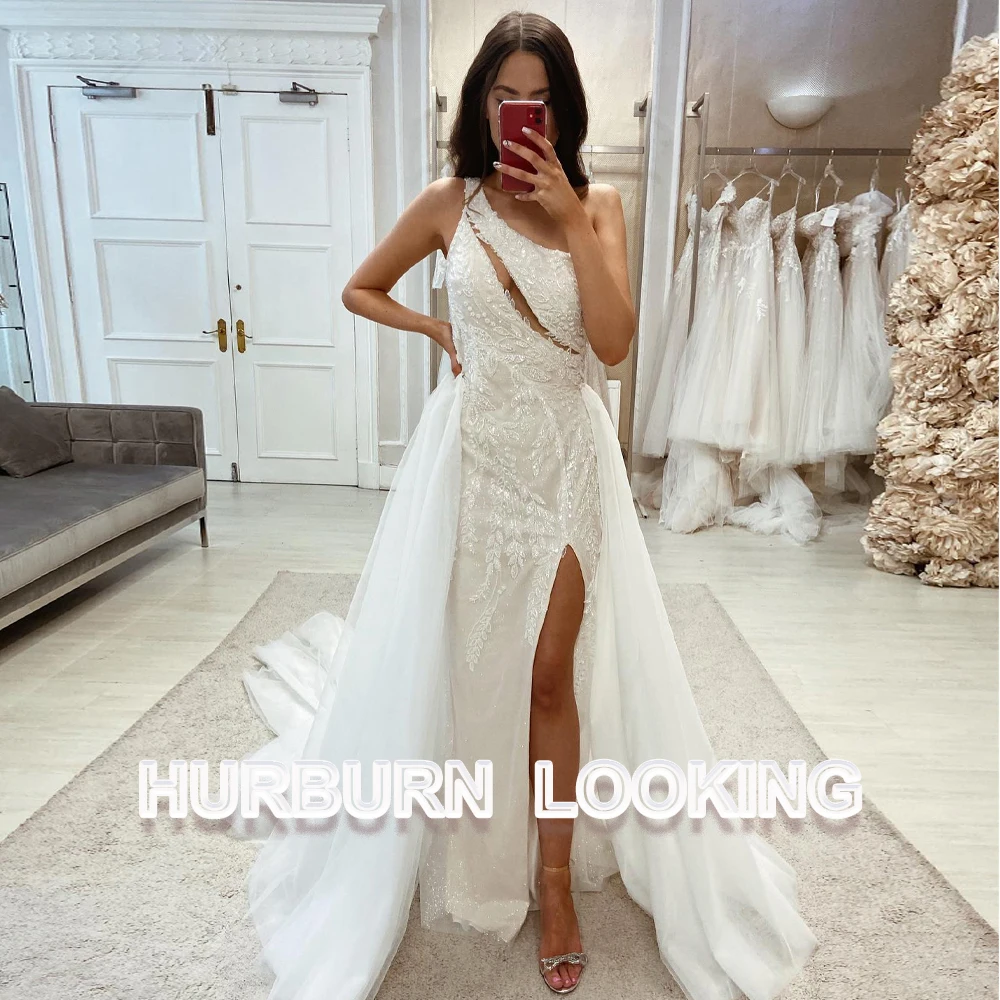 

HERBURN Sexy Unique Wedding Dresses For Women One Shoulder High Slit Court Train Custom Made Robe Mariee Robe De Soiree Mariage