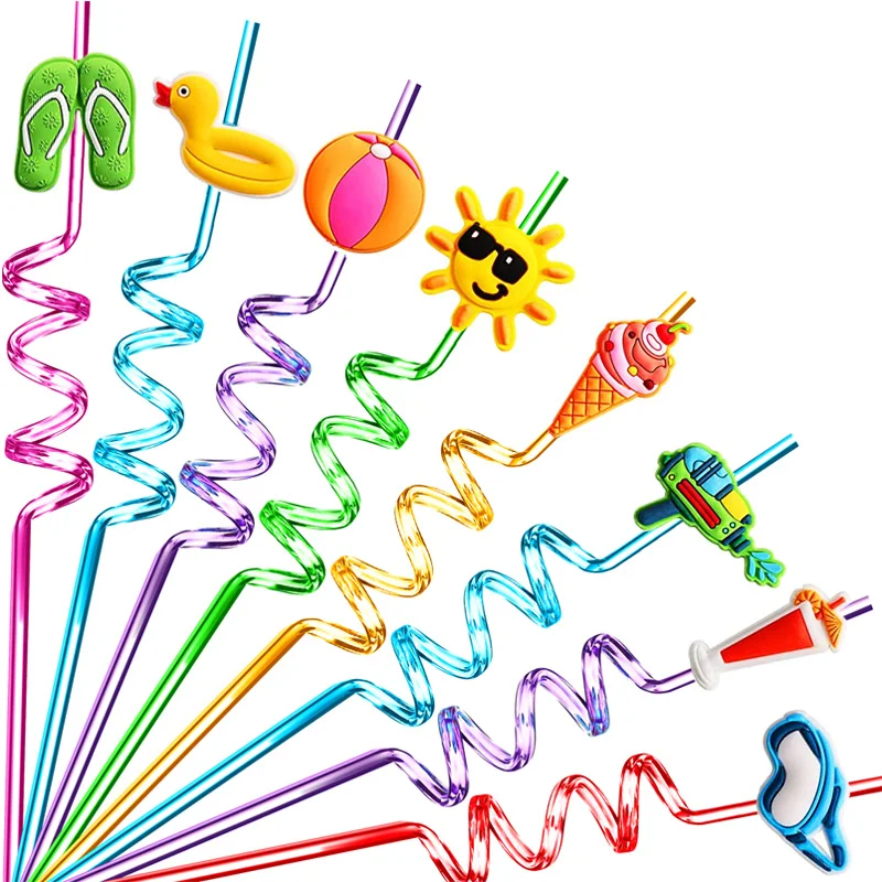 

8PCS/Summer Pool Beach Party Plastic Straws Ice Cream Sun Decoration Spiral Reusable Straws Kids Birthday Party Supplies