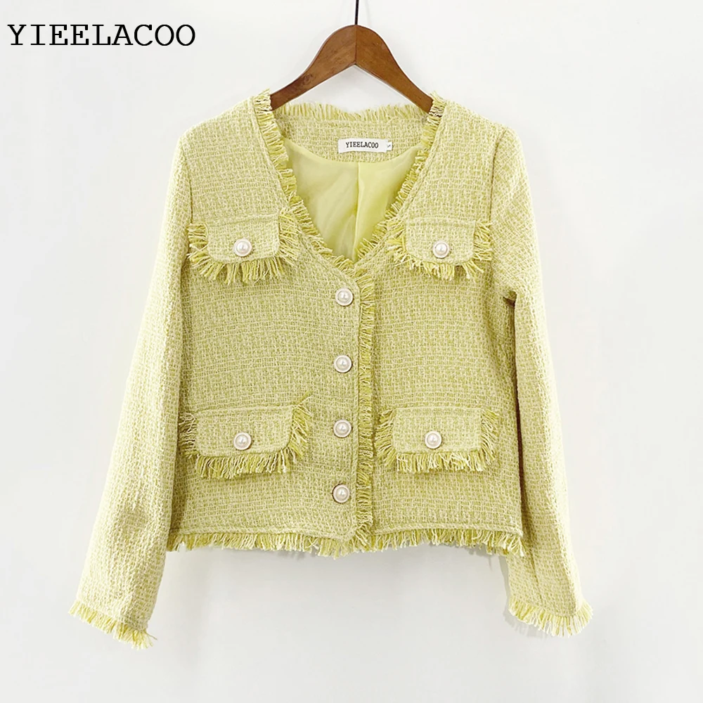 Yellow Tweed Jacket Spring /Autumn / Winter Coat temperament One piece round neck Top Laides Women's Jacket