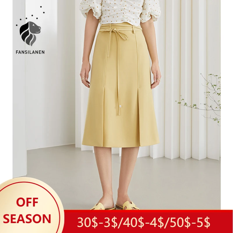 

FSLE Office Lady High-waisted Yellow Skirt Women Summer 2021 New Niche Mid-length Slit Casual Loose Long Skirt Clothes