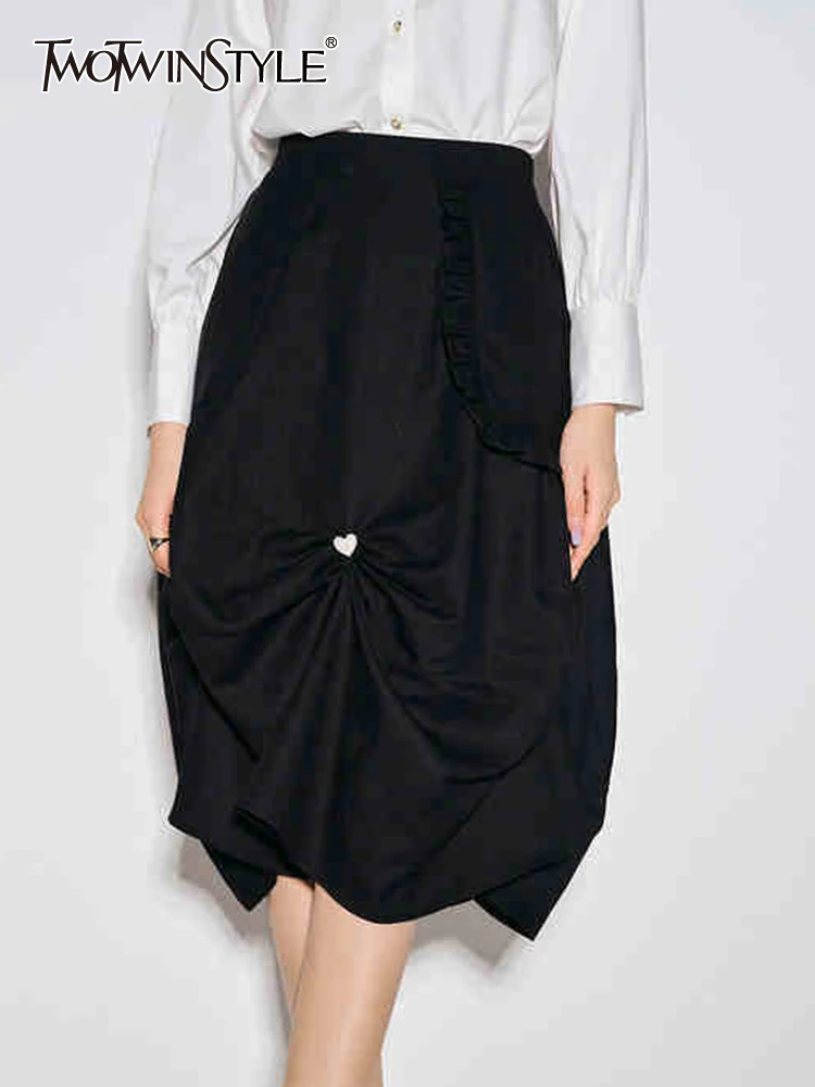 

TWOTWINSTYLE Korean Fashion Black Skirt For Women High Waist Loose Ruched Solid Mid Skirts Female Summer Clothing Style New 2022