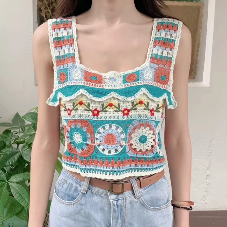 

Bohemian Ethnic Style Small Tank Top Women's Summer New Hook Flower Embroidery Hollow out Spicy Girl Short Strap Top Trend