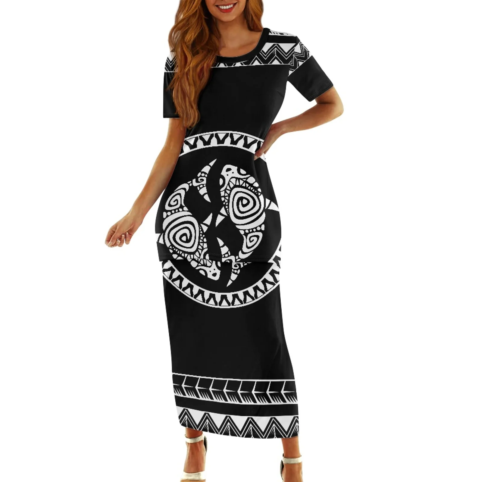 

Polynesian Tribal Fijian Totem Tattoo Fiji Prints White Shark Black Stripe Dresses Beach Party Maxi Long Dresses Two Piece Set