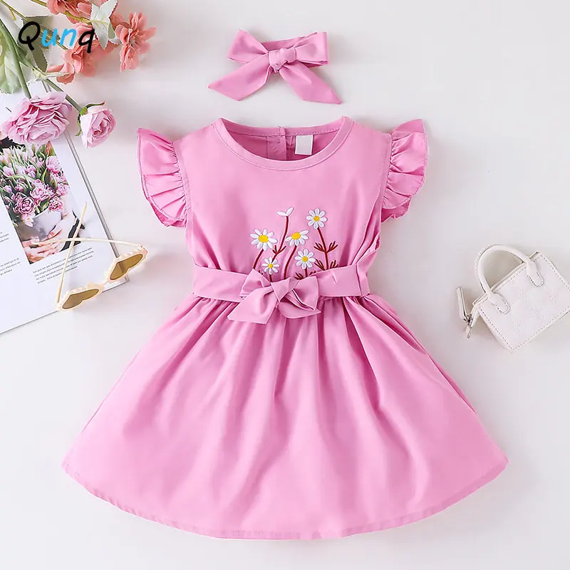 

Qunq 2023 Summer INS New Girls O Neck Lovely Flying Sleeve Print Pullover Sweet Princess Dress Casual Kids Clothes Age 3T-8T