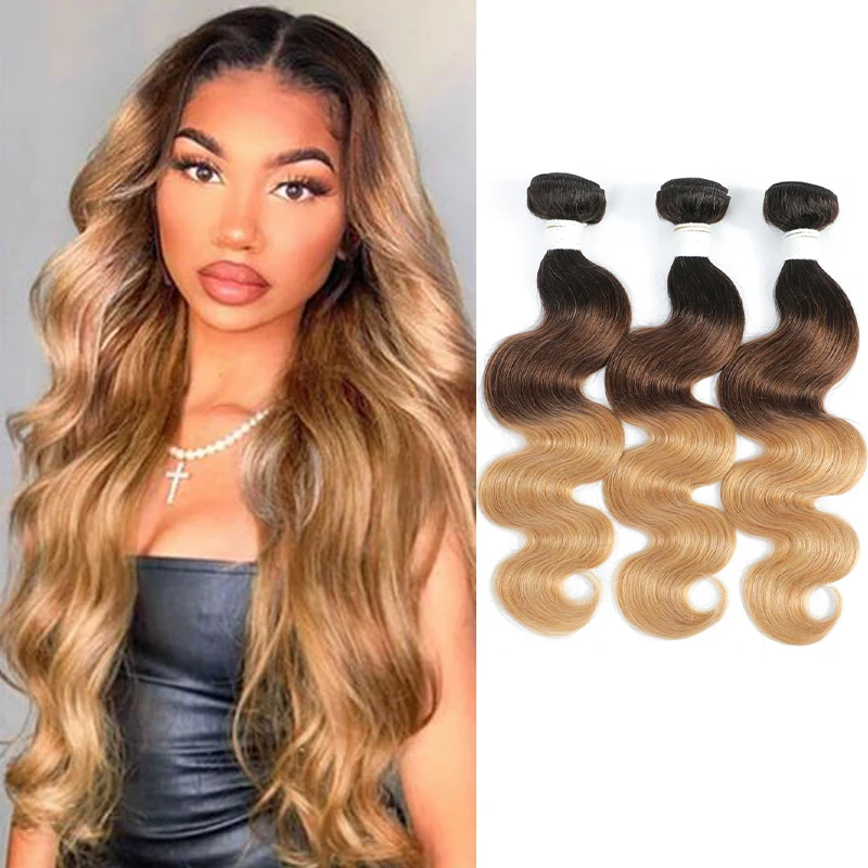 

Brazilian Body Wave Human Hair Bundles Ombre Brown 3 Tone 1B/4/27 Colored Human Hair Weave Bundle Remy Hair Can Buy 1/3/4 PCS