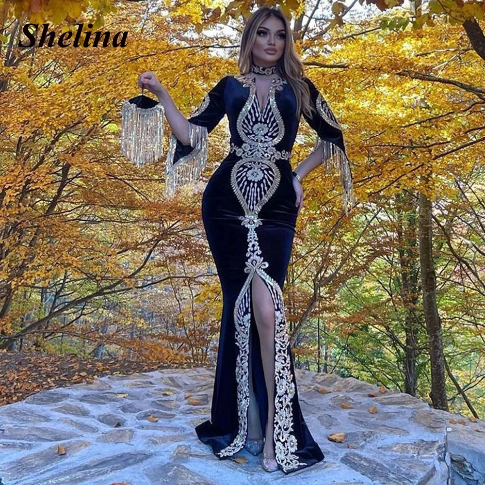 

Gorgeous Luxury Velour Trumpet Formal Evening Gowns Appliques Tassel Slit Court Train Prom Dresses Abendkleider Personalised