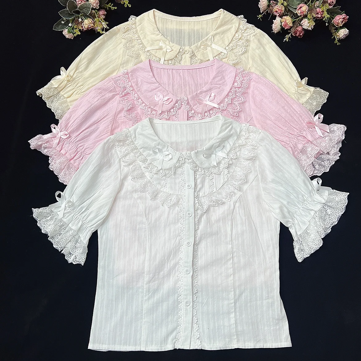 

Cotton Striped Summer Women's Lolita Short Sleeve Peter Pan Collar Blouse Lace Trim Little Bows Cute Shirt