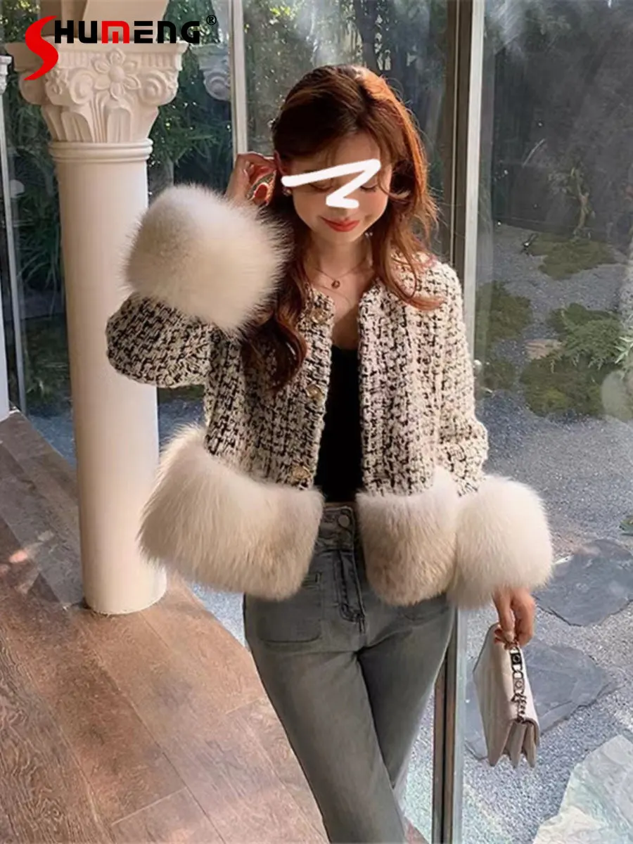 

Autumn Winter New Ladies High-Grade Wool Blend Fox Fur Patchwork Short Furry Coat Women's Elegant Fashion Long Sleeve Jacket
