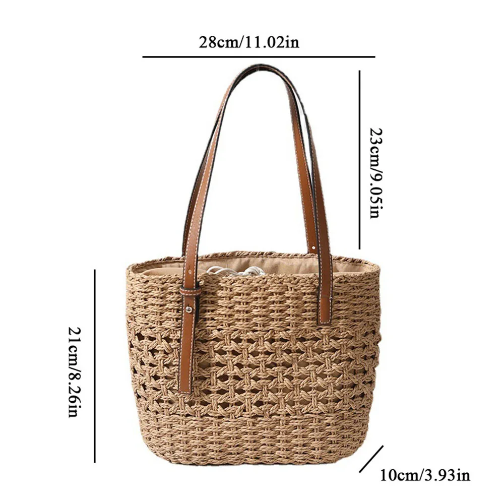 Casual Straw Woven Handbags For Women PU Leather Top-handle Braided Vacation Beach Weave Tote Bag Hollow Out Rattan Satchel