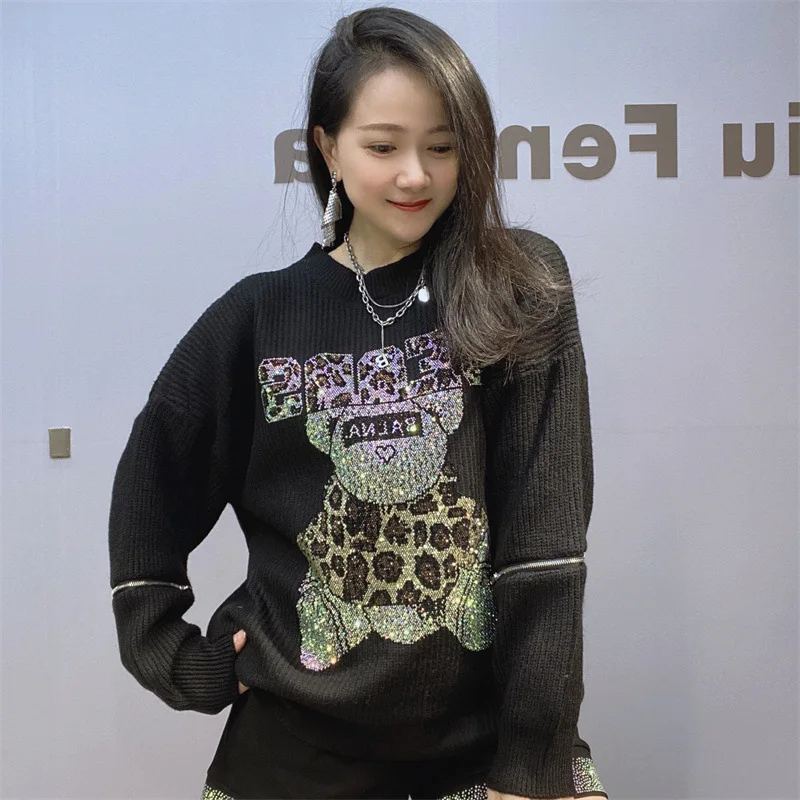 Женский трикотажный пуловер блестящий свободный джемпер в стиле оверсайз