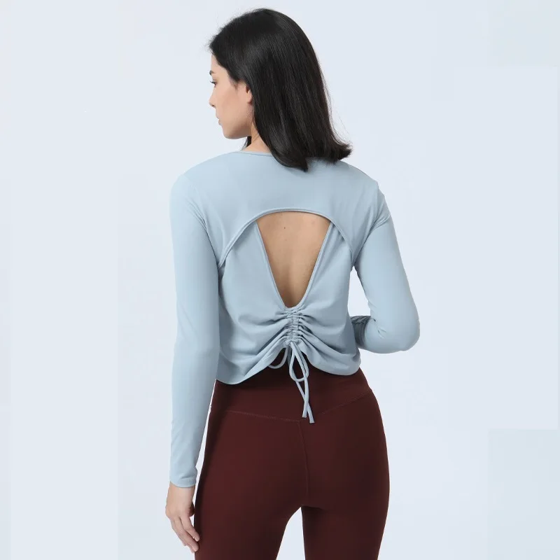 

Однотонные рубашки для йоги с длинным рукавом, спортивные топы, Женская свободная футболка для фитнеса с вырезами на спине, повседневная спортивная одежда для бега, тренажерного зала