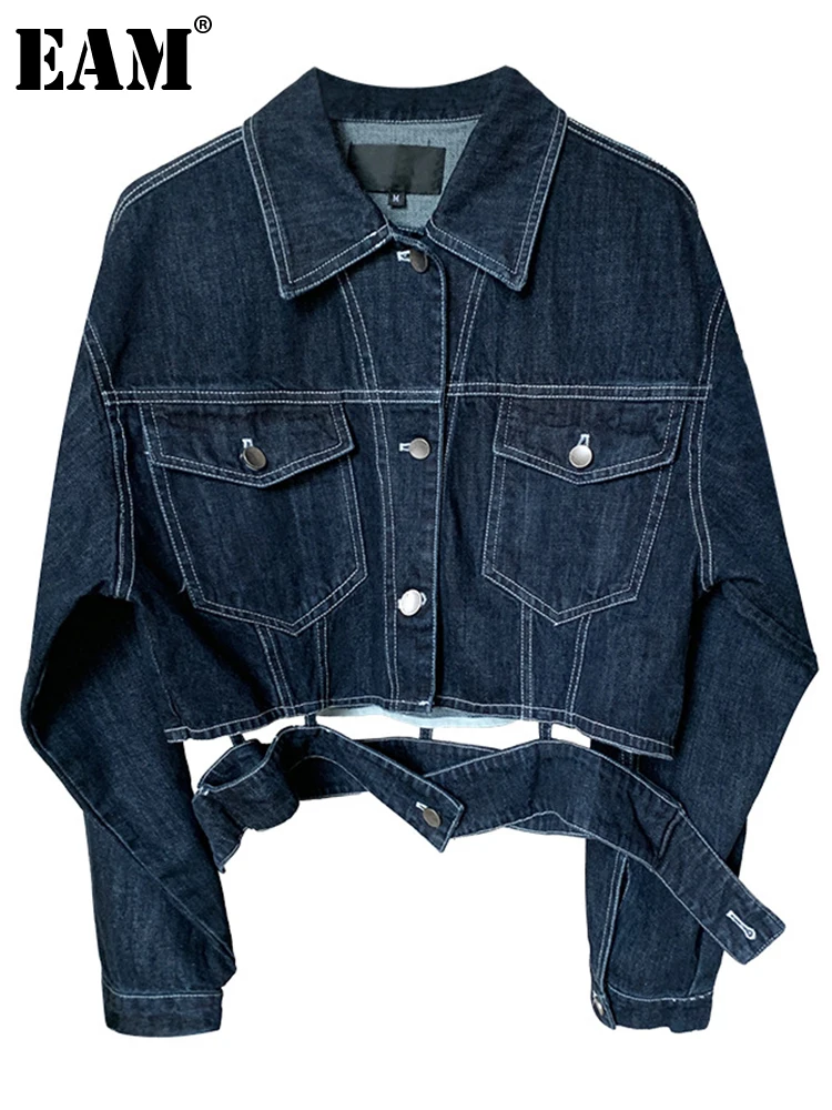 

[EAM] Loose Fit Blue Deinm Hollow Out Big Size Jacket New Lapel Long Sleeve Women Coat Fashion Tide Spring Autumn 2022 1DE6913