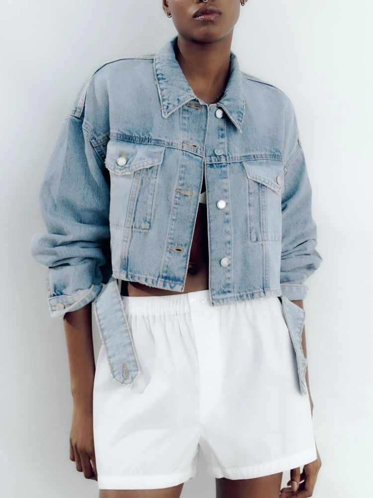 

Women's Summer New Lapel Collar Long Sleeves Washed Effect Hem Slit Patch Flaps Pockets Cut Out Denim Jacket Chic Jacket Coat