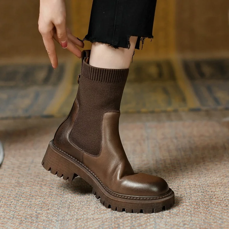 

Женские ботинки челси, осенне-зимние базовые Стильные Теплые ботильоны, лаконичная теплая обувь из воловьей кожи в стиле пэчворк, слипоны на среднем каблуке 4 см