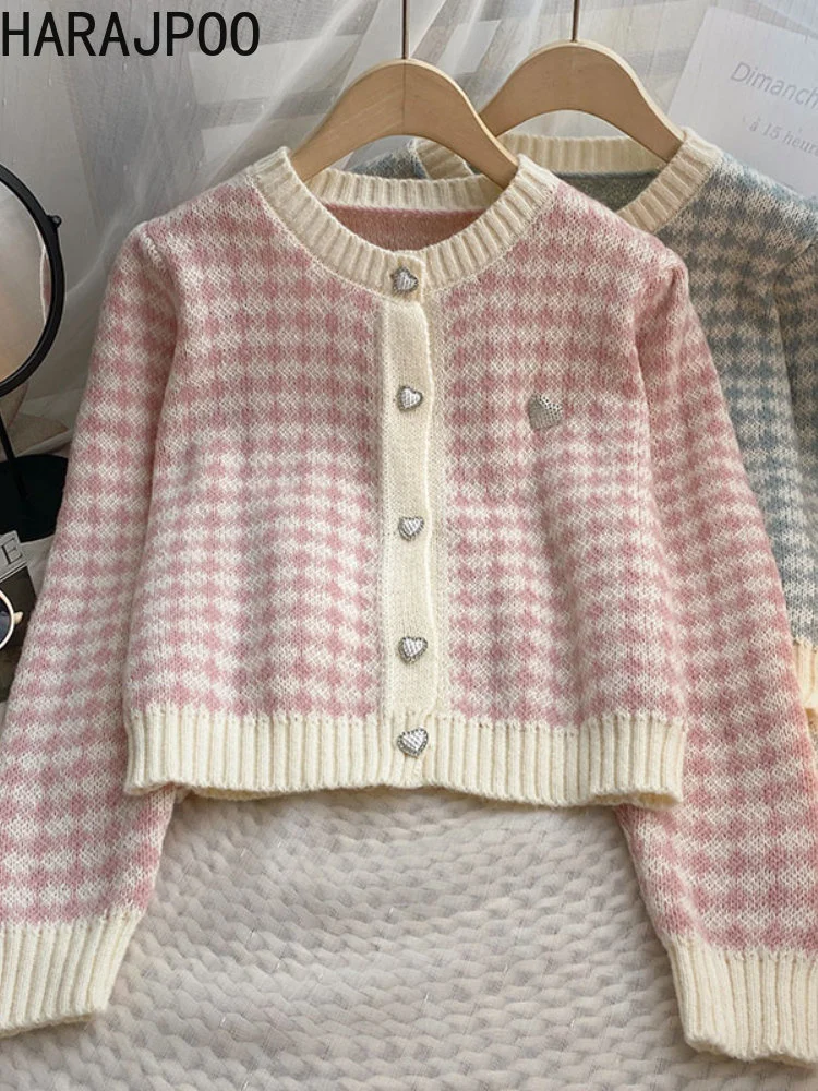 

Color Blocked O Neck Love Single Breasted Long Sleeved Sweater Women Autumn Winter 2023 Korean Fashion Cardigan Top