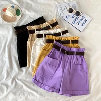 2022 summer new korean style curled high waist loose wide leg shorts drape all match casual shorts women with belt shorts