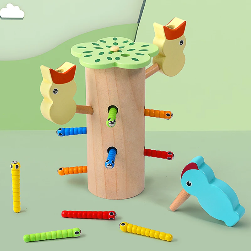 

Magnetic Catching Caterpillar for Kids Wooden Toys Kindergarten Supplies Baby Montessori Woodpecker Catcher Catching Worms Game