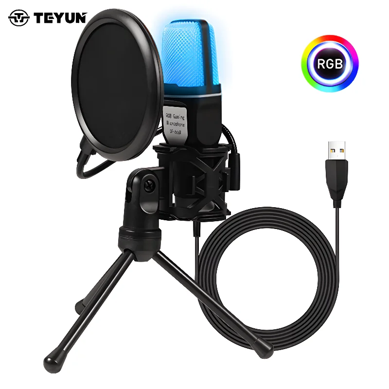 Cheap RGB 3.5mm USB Recording Mic Kit with Shock Mount Tripod Laptop Desktop Wired Computer Gaming Microphone for Pc Cell Phone
