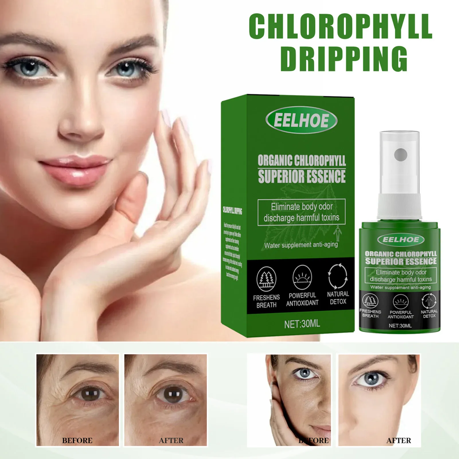 

Chlorophyll Shrink Pores Natural Face Serum Detox Anti-Aging Improve Bad Breath Anti-Wrinkle Moisturizing Whiten Sooth Skin Care