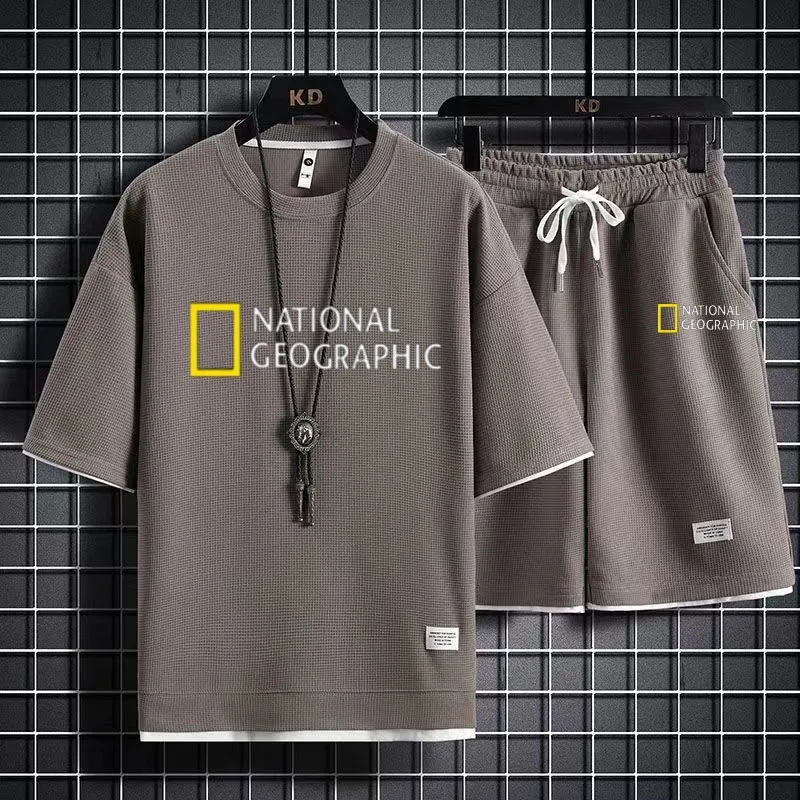 2023 Summer High Quality Men's Two Piece Linen Casual T-shirt+Shorts Set Men's Sports Set Fashion Short Sleeve Sportswear