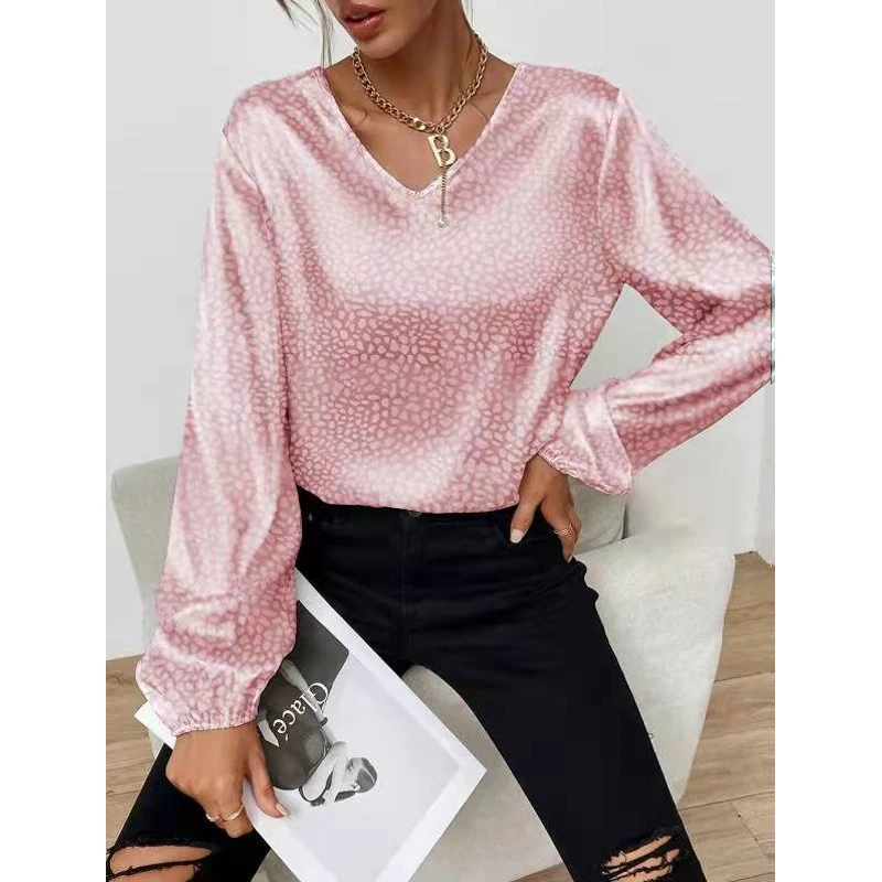 

Spring Office V-Neck Women Shirt Vintage Leopard Printed Chiffon Blouse Woman Long Sleeve Solid Loose Tops Female Clothing 19168