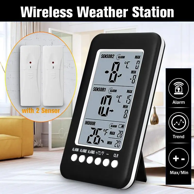 

2 Sensor Wireless Digital Freezer Alarm Thermometer Fridge Home Indoor Outdoor Weather forecast Thermometer