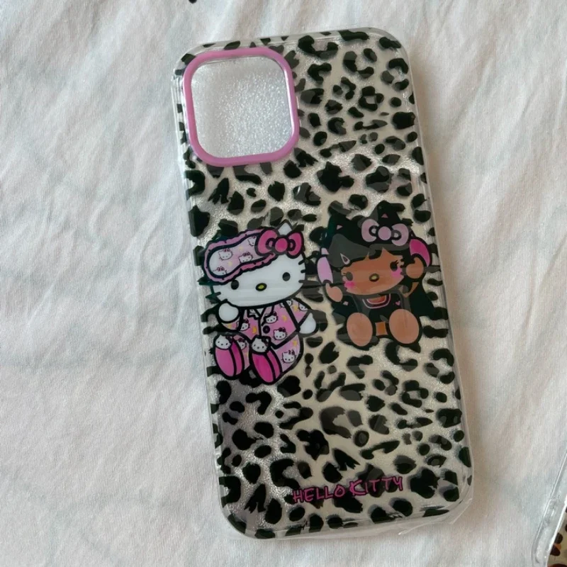 Чехол Kawaii Tan Hello Kitty с леопардовым принтом Y2K для iPhone 16 15 14 13 12 Pro Max Sanrio креативный