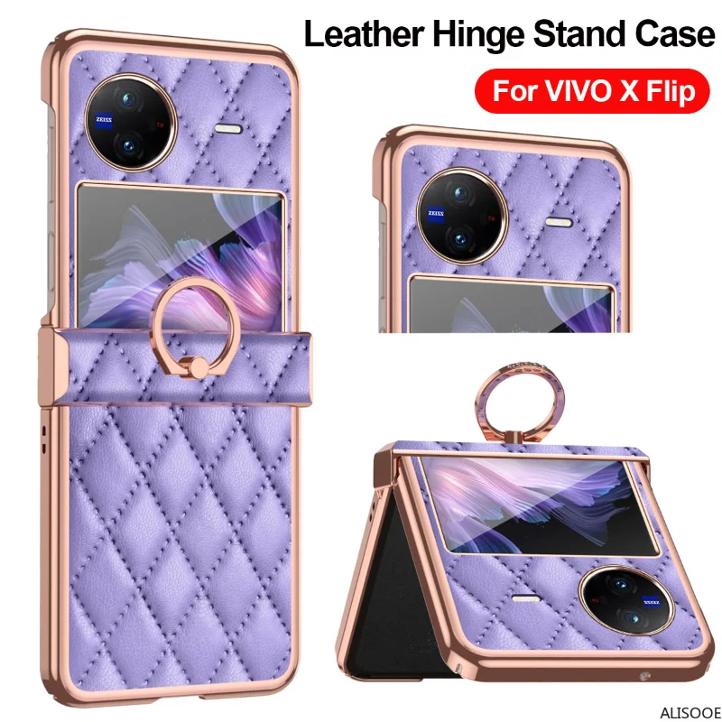 

Plating Leather Ring Stand Hinge Cases for VIVO X Flip Case Luxury Leather PC Plastic Protection Cover for VIVO X Flip 5G Capa