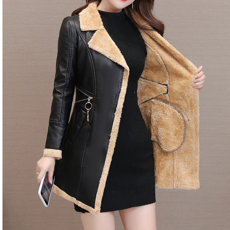 

Loose Size Autumn Winter New Faux Leather Jacket Women Fleece Slim Long Ladies Coats PU Leather Coat Lapels Windbreaker Coat 3XL