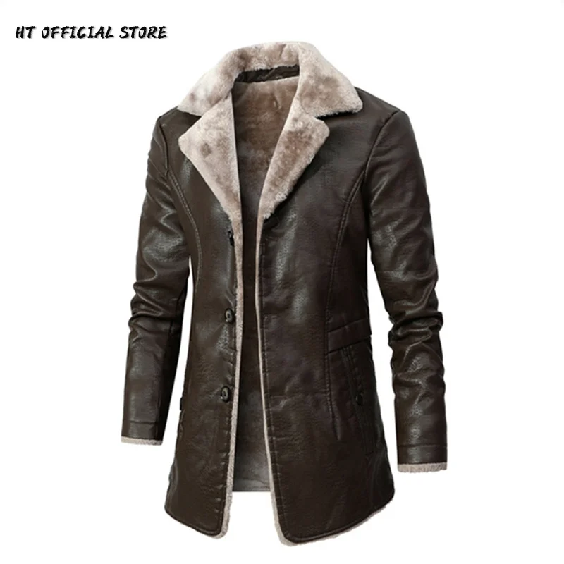 

PU Leather Jacket Men Long Style Solid Men's Streetwear Fleece Casual Mens Clothing Porckets Breasted Leather Coat Outwear