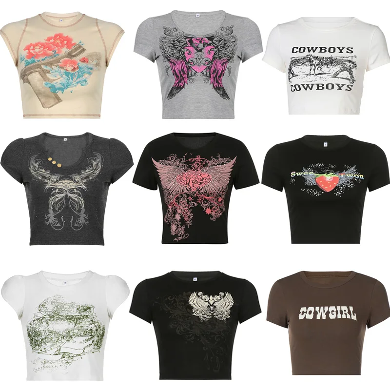 

УКОРОЧЕННЫЙ ТОП Y2K с винтажным графическим принтом, в стиле Харадзюку, гранж, темная академия, E-girl, готика, кавайные Детские футболки, шикарн...