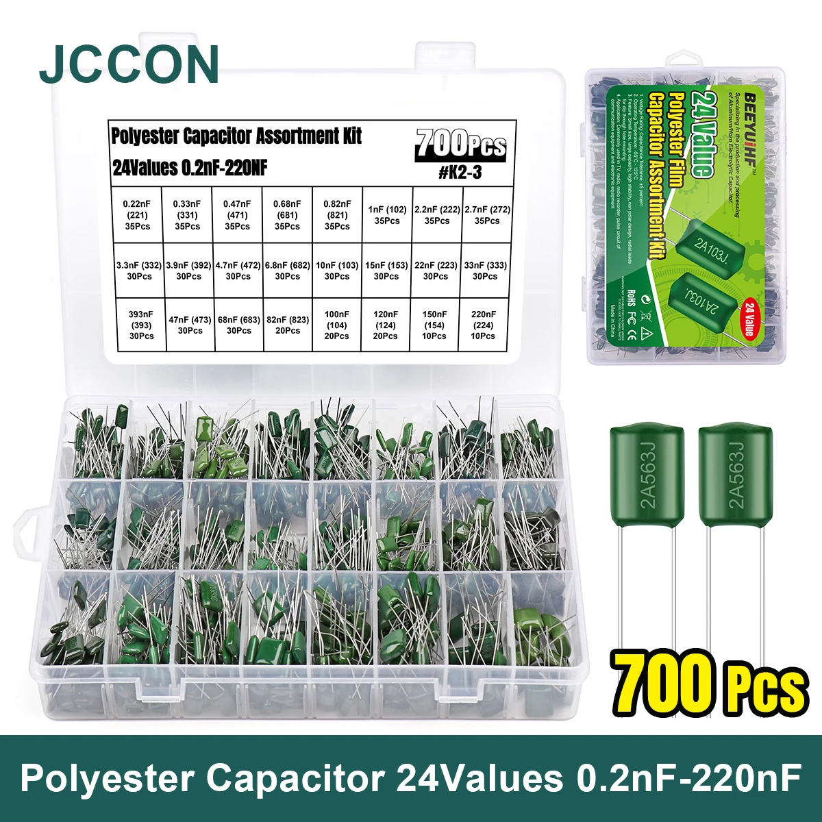 

700Pcs JCCON Polyester Film Capacitor Assortment Kit 24Values 0.2nF-220nF Metalized Mylar Polyester Film Capacitors Set 100V