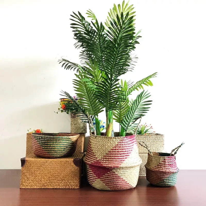 

Handmade Bamboo Storage Baskets Foldable Laundry Straw Patchwork Wicker Rattan Seagrass Belly Garden Flower Pot Planter Basket