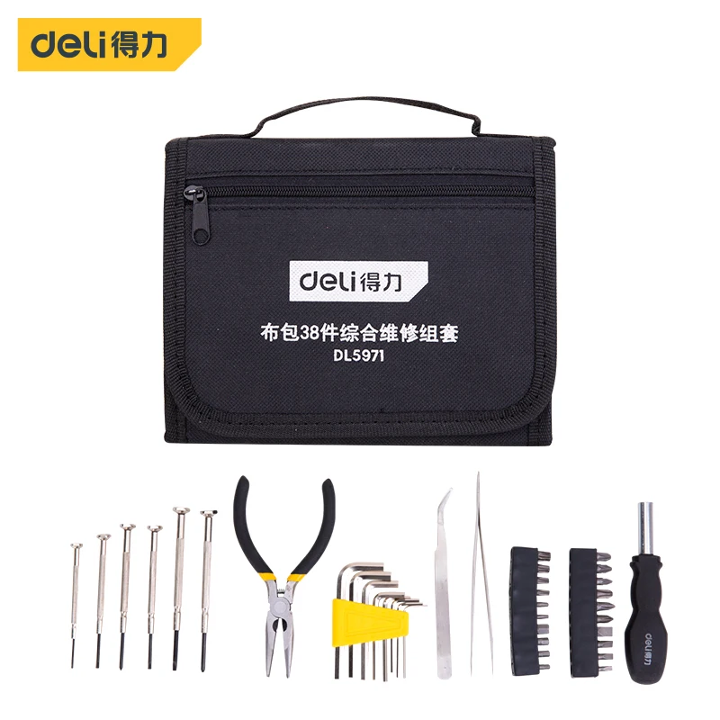 Deli 38 Pcs Set Cloth Bag Comprehensive Repair Set Multi-specification Tweezers Needle-nose Pliers Rotary Handle Combination Set