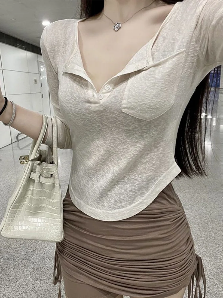 

QWEEK Sexy Y2k Casual T Shirt Women Thin Skinny Korean FashionLong Sleeve Tees Kpop Tops 2023 Summer Classic Sunscreen Clothing