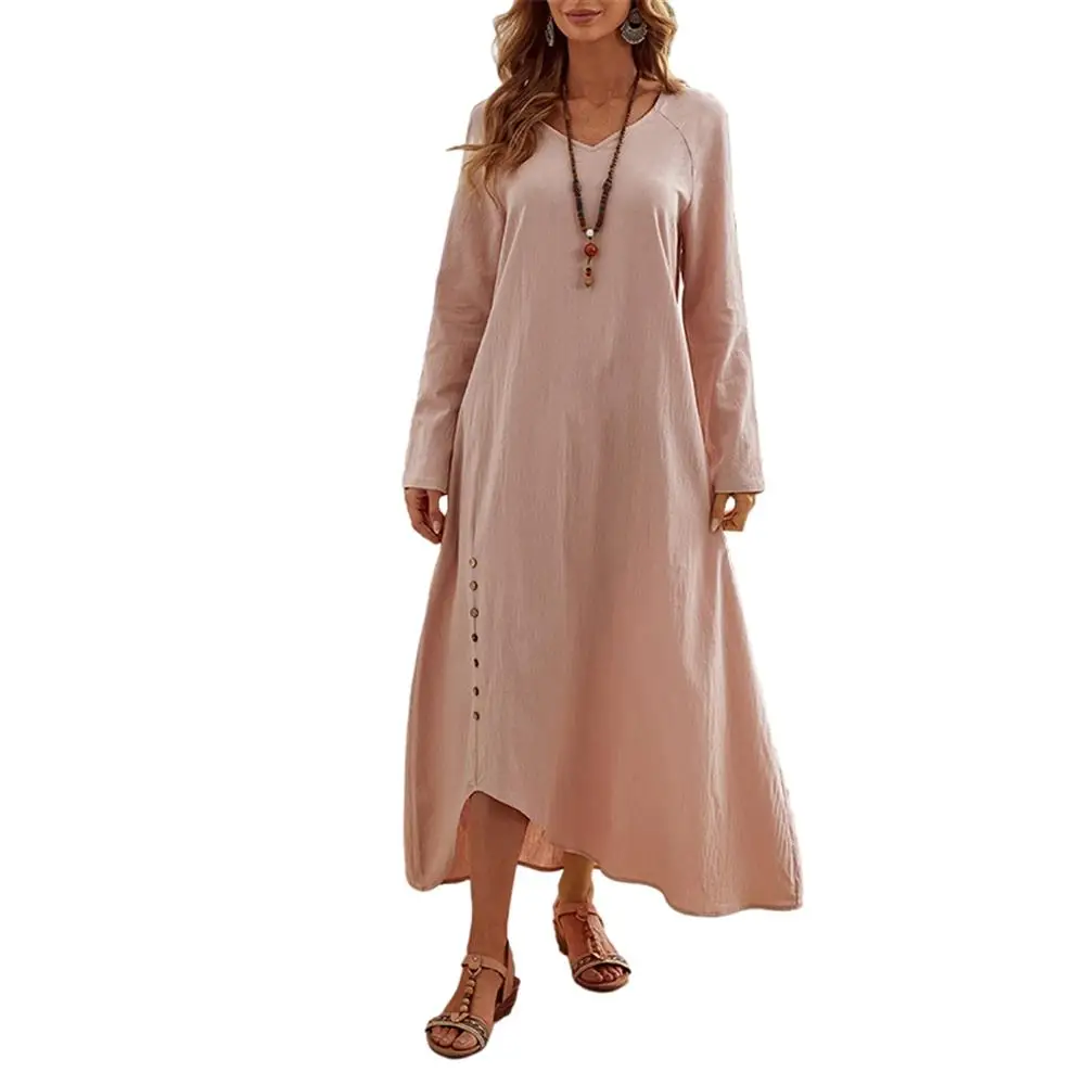 

Женское длинное платье с V-образным вырезом, повседневное свободное однотонное платье розового цвета, лето 2022