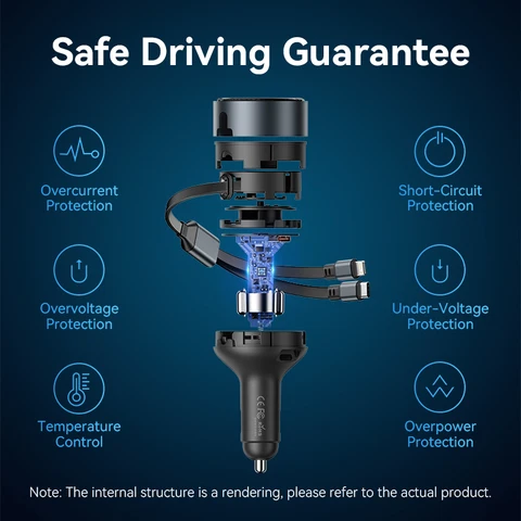 Выдвижное автомобильное зарядное устройство Vention 2-в-1, USB-зарядка, 60 Вт Max PD, быстрая быстрая зарядка с кабелем для iPhone, Samsung, Xiaomi, Huawei