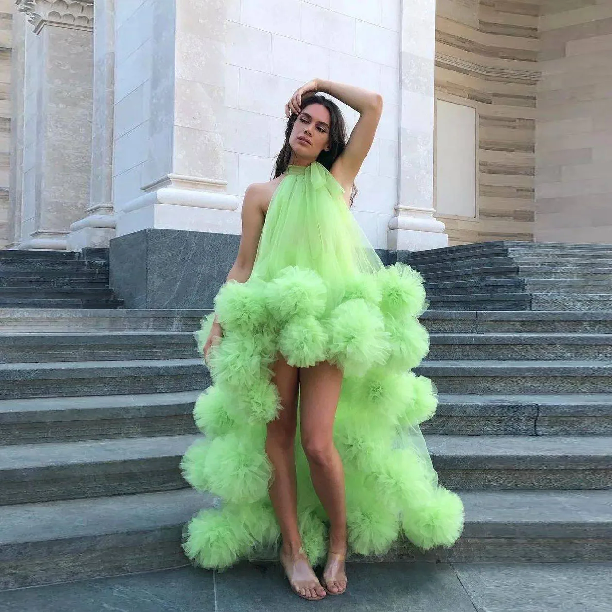 

Neon Green Babydoll Prom Dresses vestidos de noite graduation robes High Low Extra Lush Prom Dress vestido de fiesta de boda