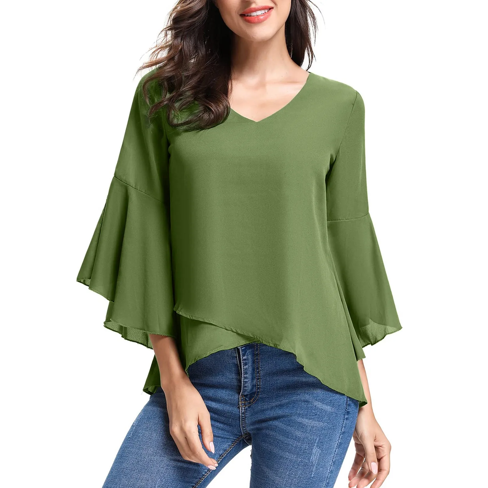 Женская шифоновая блузка с рукавами три четверти и V-образным вырезом |