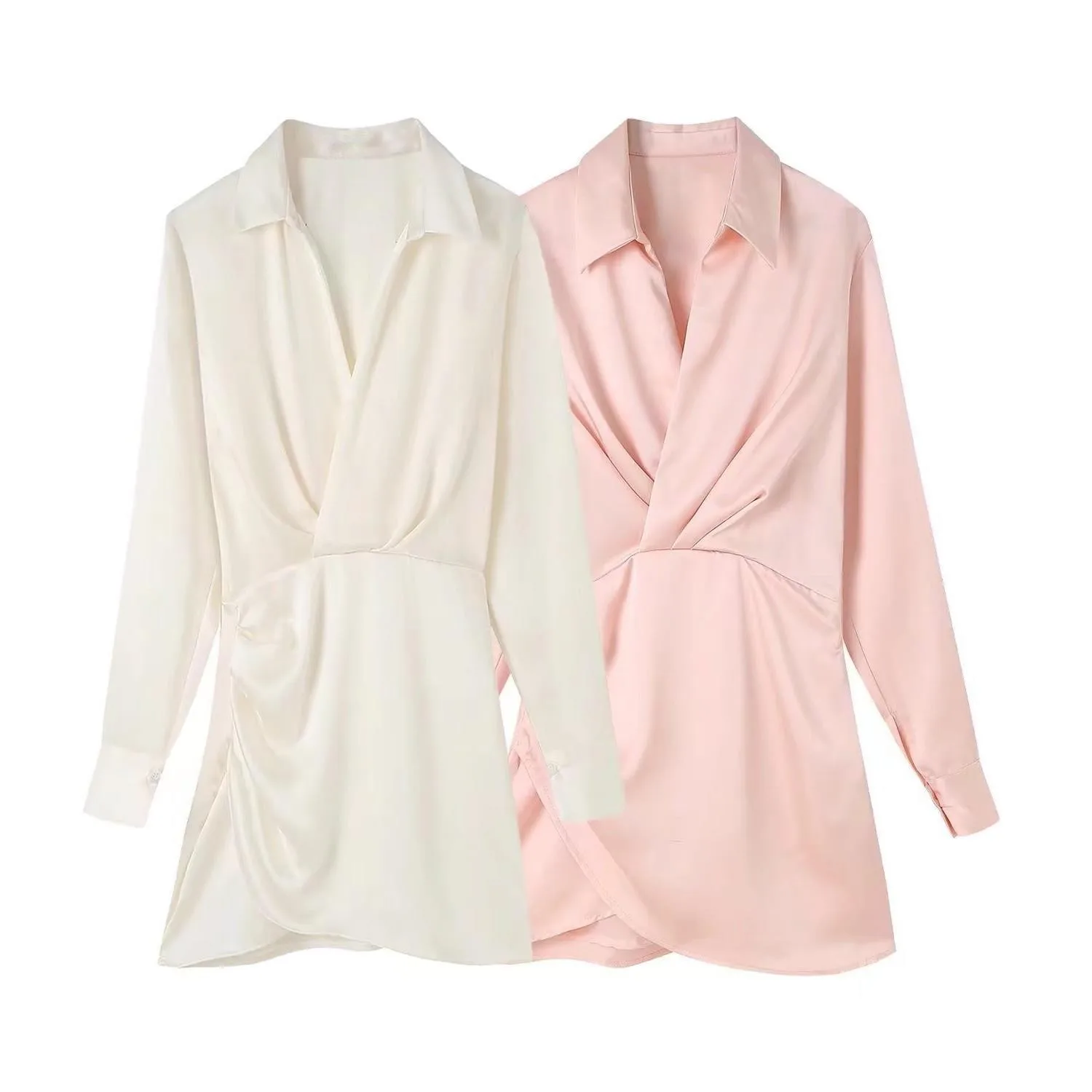 

ZA Women Fashion With Gathered Satin Mini Dress Vintage V Neck Long Sleeve Female Dresses Vestidos Mujer