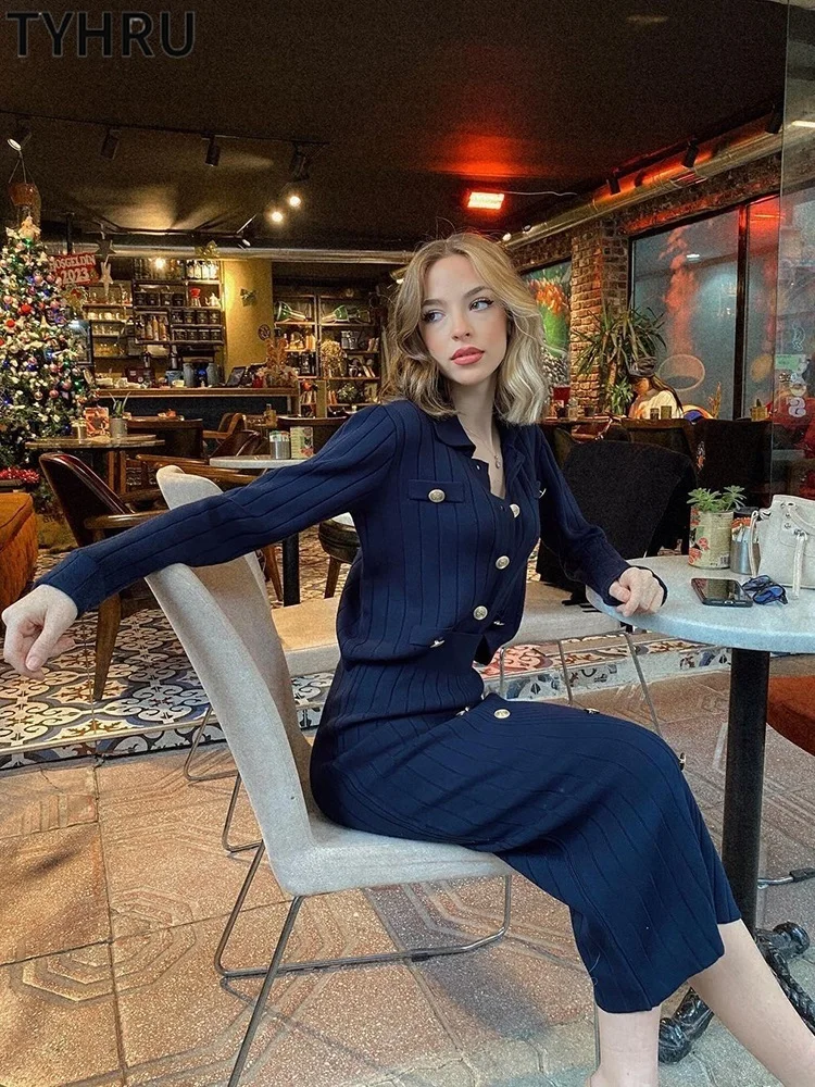 

TYHRU Women's Knitted Skirts Sets Office Lady Single-breasted Cardigan Sweater+Straight Skirt 2 Pieces Suits