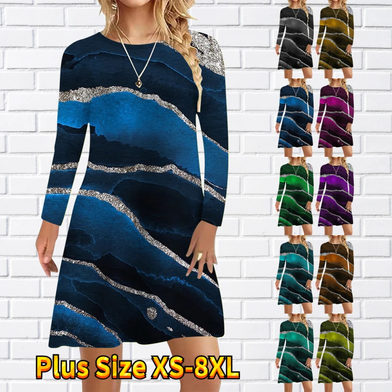 

2022 Autumn Winter Women's Round Neck New Design Printing Long Sleeve Skirt Elegant Knee-length Skirt Midi Skirt Casual Dress