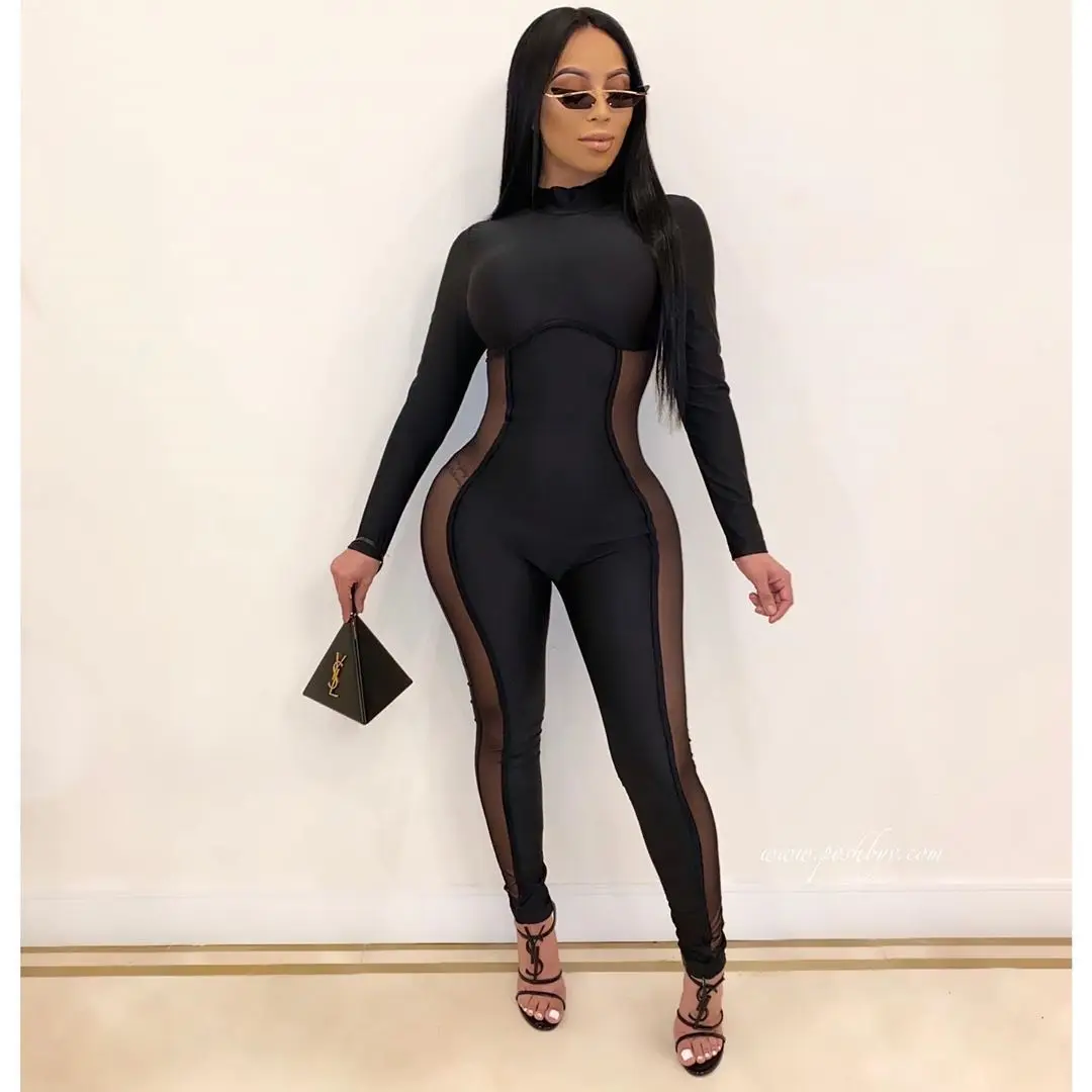 

Sexy Black Mesh Patchwork Skinny Jumpsuit Women Long Sleeve Sheer Bodycon Night Clubwear Long Jumpsuits
