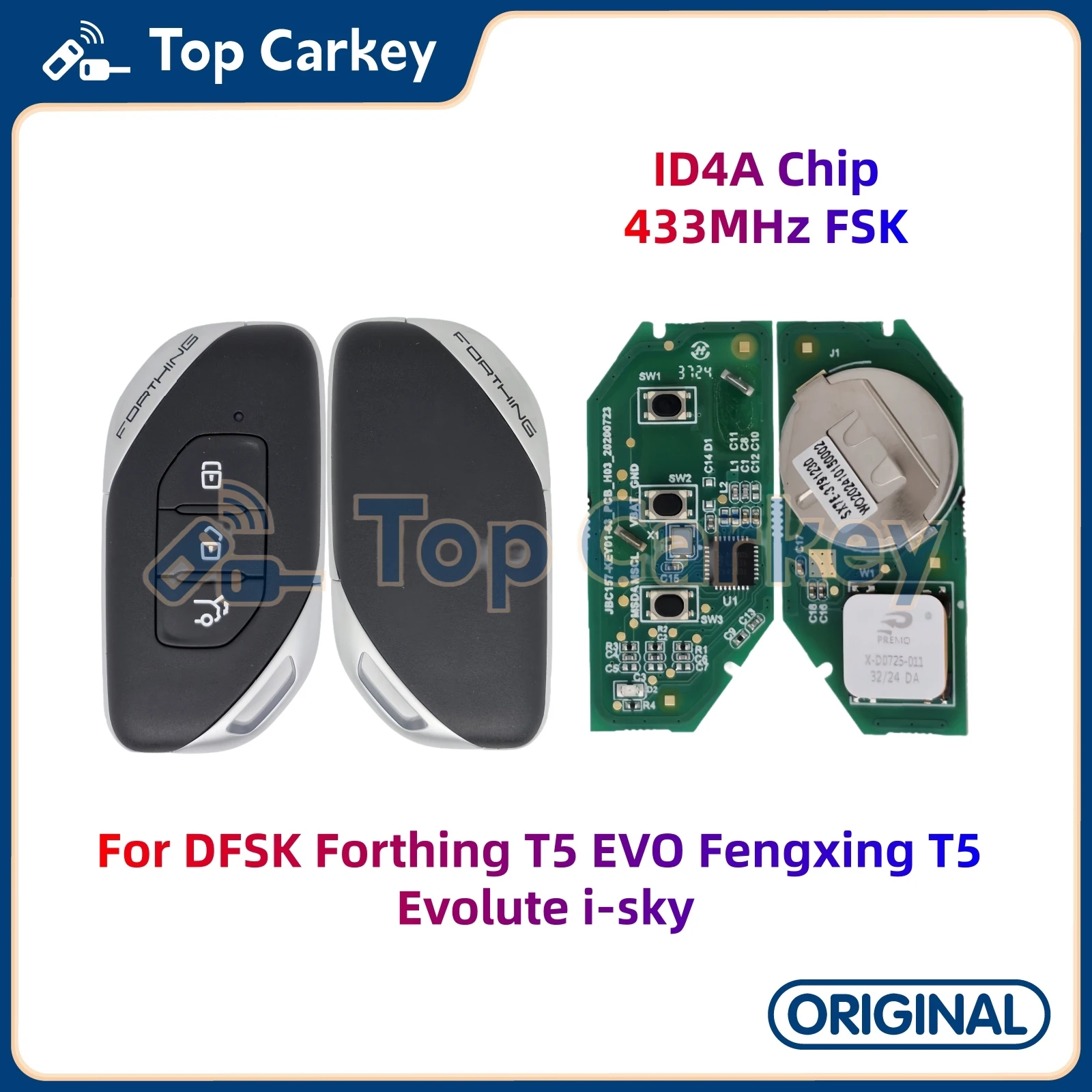 

Оригинальный смарт-брелок TopCarkey, чип ID4A, 433 МГц для DFSK Forthing T5 EVO Fengxing T5 Evolute i-sky