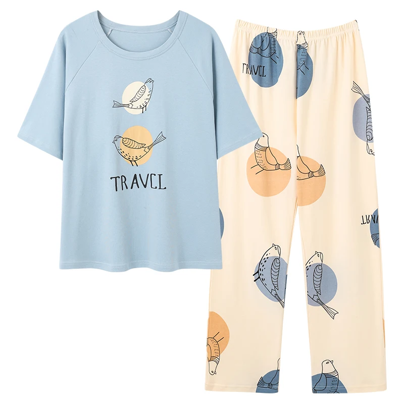 

Breathable 2PCS Pajama Short Sleeve Printed Pijama Mujer Femme Loose Nightwear Suit Female Casual Homewear Pajama Set For Women