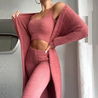 women soft fluffy 3 piece sets sexy off shoulder crop tops and long pants homesuit casual ladies 3 piece 2022 autumn winter